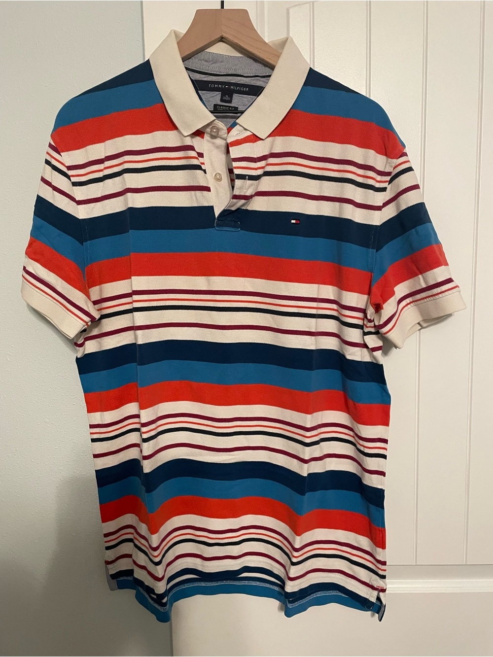 Tommy Hilfiger Striped Polo in Red, Blue & Cream